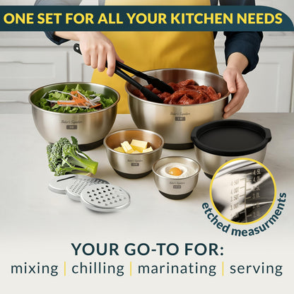 Baker's Signature Stainless Steel Mixing Bowls with Lids Set, 5 Sizes, 3 Graters, Non-Slip Base, Airtight Lids, Metal Mixing Bowls for Kitchen, Food Prep, Storage, 0.63QT-5QT, Black