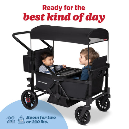 Radio Flyer Voya 2.0 2-Seat Stroller Wagon, for Kids 6+ Months, Lightweight, Compact, Foldable, UV Canopy, Included Storage, Seats Convert to Flatbed, Stroller Wagon for Kids