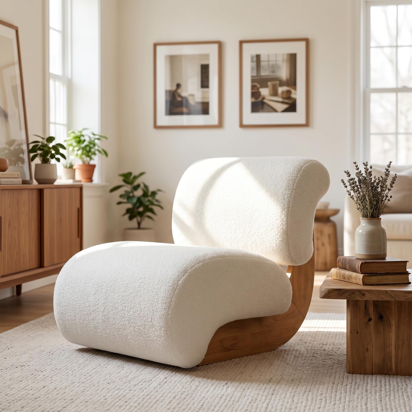 Merax 28" Modern Curved Boucle Accent Chair with Solid Wood Base, Mid-Century Armless Upholstered Slipper Lounge Chair for Living Room, Bedroom, Reading Nook, Natural + Beige