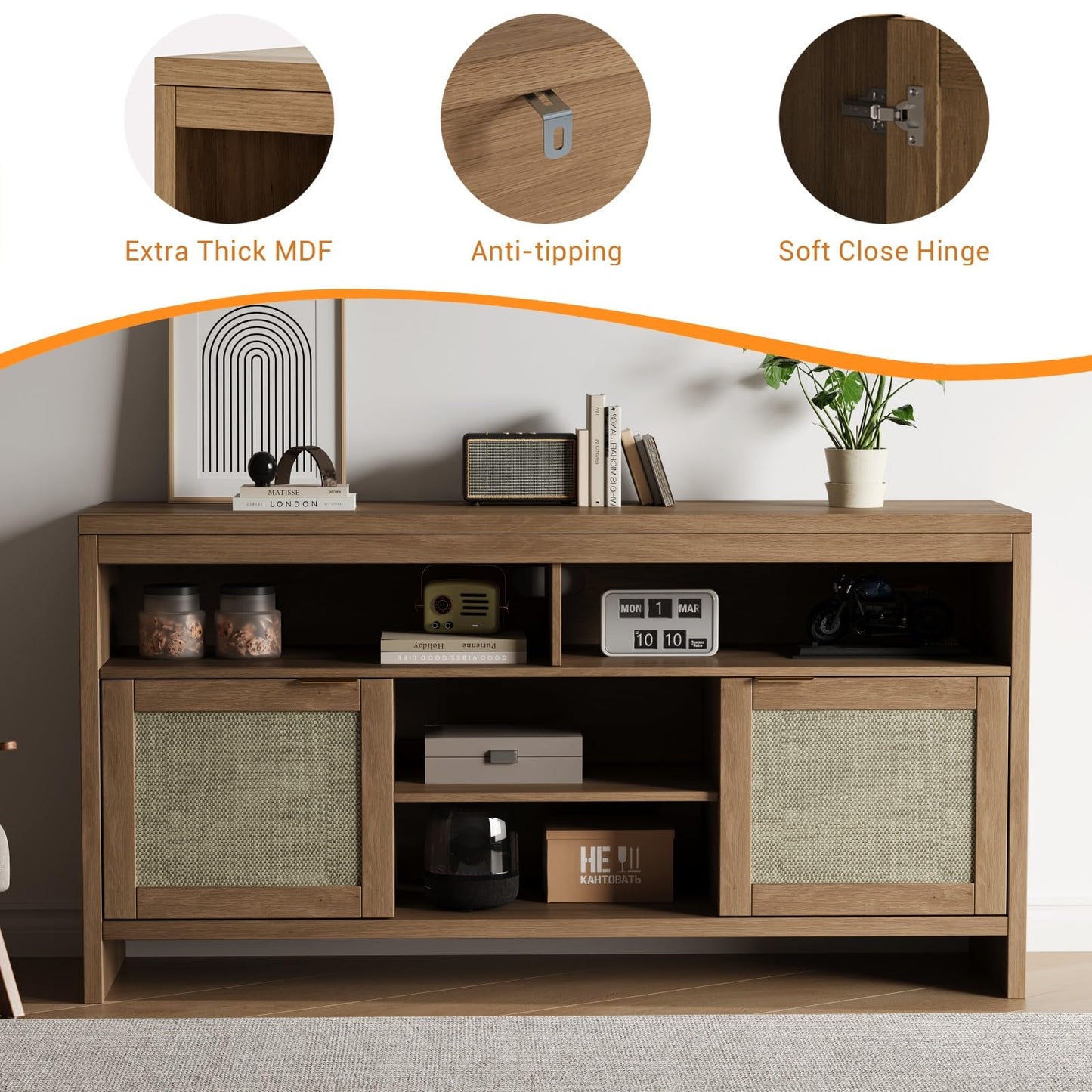 GarveeHome Boho TV Stand for TV Up to 65 in,58" Modern Rattan Entertainment Center with Storage and Adjustable Shelves,Wooden TV Console Cabinet with Doors for Living Room/Bedroom/Farmhouse(Brown)