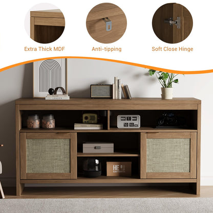 GarveeHome Boho TV Stand for TV Up to 65 in,58" Modern Rattan Entertainment Center with Storage and Adjustable Shelves,Wooden TV Console Cabinet with Doors for Living Room/Bedroom/Farmhouse(Brown)