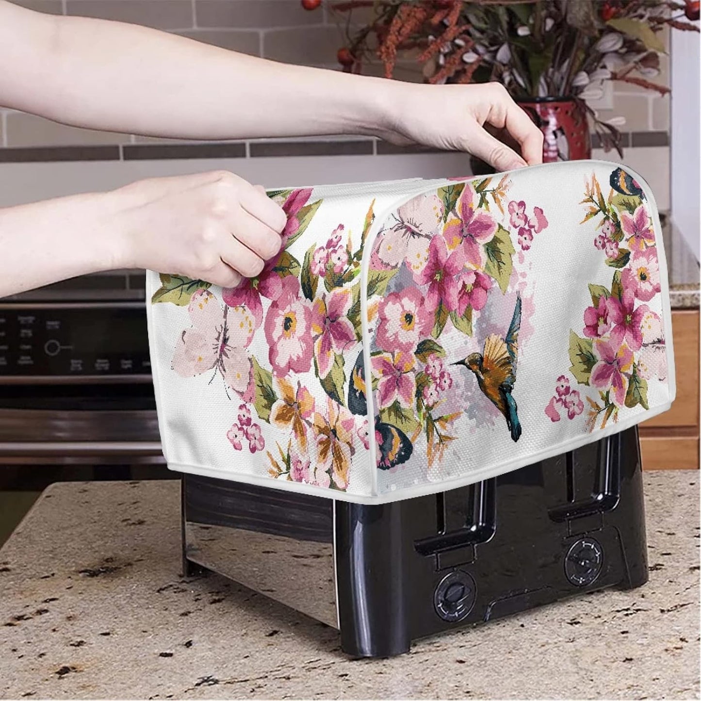 Toaster Cover Bird Flowers Painting, 2 Slice Washable Kitchen Appliance Covers for Bread Maker Oven
