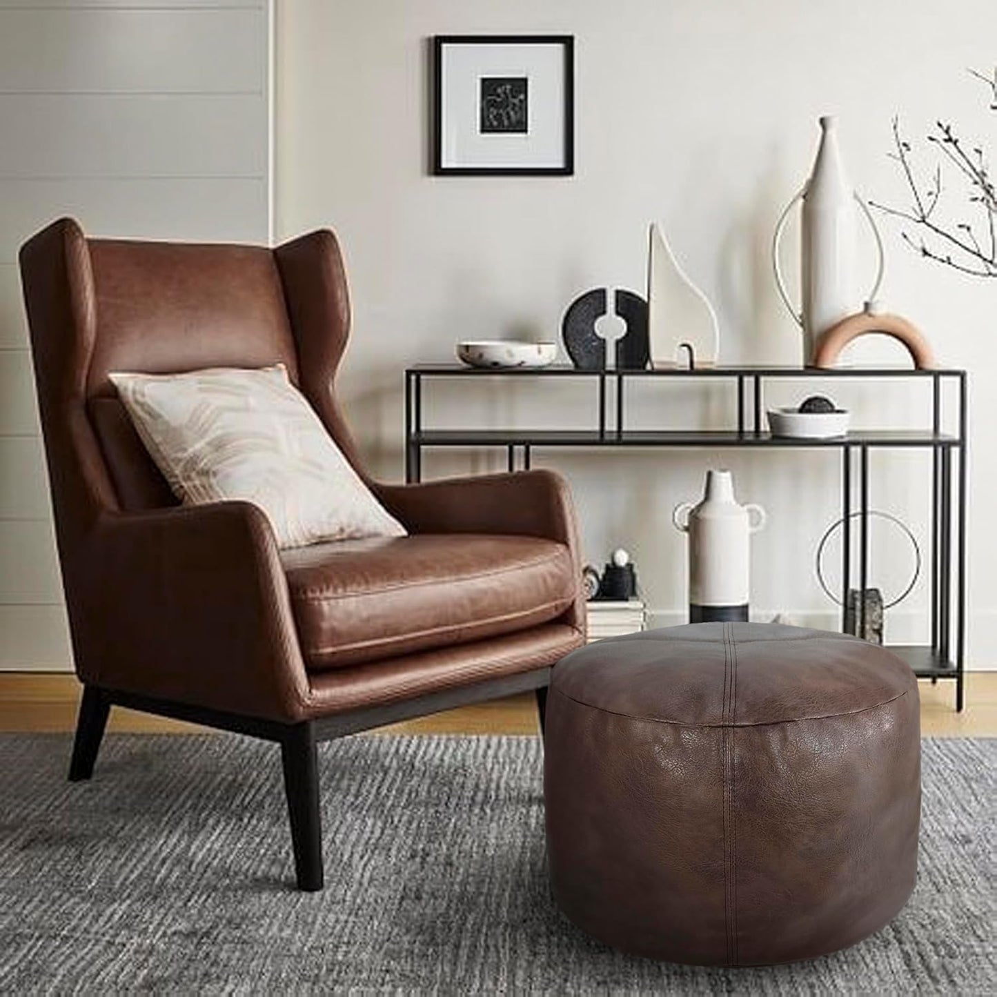 16.5Dx12H, Thgonwid Unstuffed Faux Leather Pouf Cover, Handmade Footstool Ottoman Storage Solution, Floor Footrest