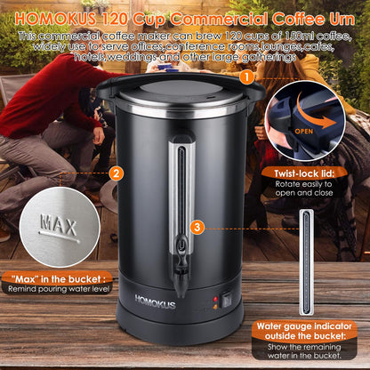 HOMOKUS Commercial Coffee Urn,120 Cup Commercial Coffee Maker,18L Double Wall Stainless Steel Large Hot Coffee Dispenser Hot Water Urn,1500W Quick Brew Electric Coffee Percolator (Dark Grey)