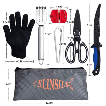 YLINSHA Fishing Knife, Fish Cleaning Kit 7 PC Set with Fish Knife, Fish Scale Cleaning Brush, Multi-Functional Scissors, Anti-Cutting Gloves, Fishbone Tweezers, Storage Bag
