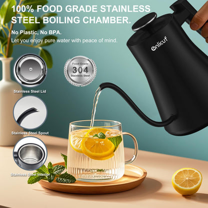 Onlicuf Gooseneck Electric Kettle 0.8L - Matte Black Tea Kettle with Auto Shut Off, Boil-Dry Protection & BPA-Free, Precision Electric Water Kettle for Pour Over Coffee