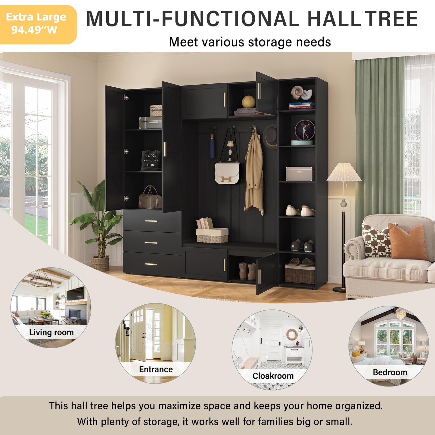 Amposei 94.49’’W Extra Large Hall Tree Cabinet with 6 Doors & 3 Drawers, Tall Entryway Organizer Shoe Storage Bench with 4 Coat Hooks & 6 Open Cubbies for Hallway Mudroom Living Room, Black