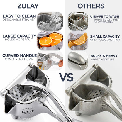 Zulay Manual Fruit Juicer- Heavy Duty Juice Press Squeezer with Detachable Lever & Removable Strainer - Fruit Press & Hand Juicer For Pomegranates, Lemons, Oranges, and More (Silver)