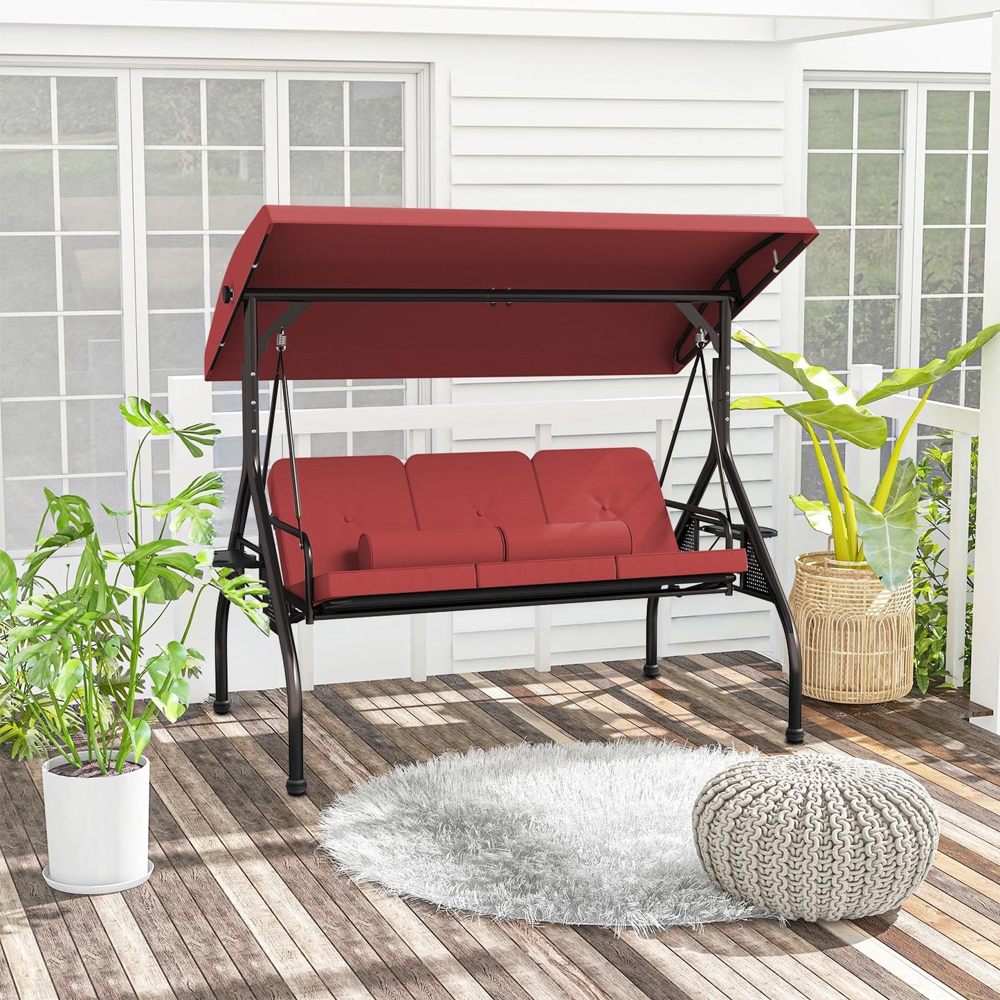 Patiomore 3 Seat Outdoor Porch Swing Chair, Adjustable Canopy Swing Bench, Convertible Backrest Swing Bed with Thicken Cushions, Pillow & Cup Hold (Wine Red)