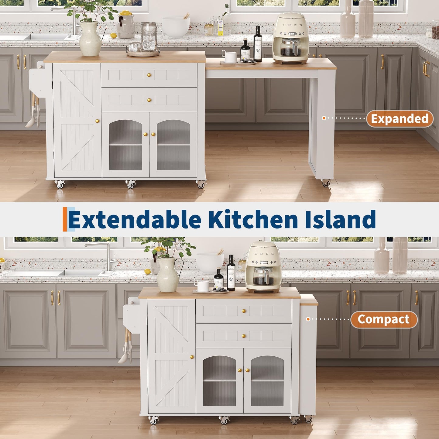 Garvee 78.3” Rolling Kitchen Island with Extendable Table, Storage Cabinet, Drawers & Shelves, White Modern Mobile Island Cart on Wheels, Island Table with Seating for Kitchen, Dining Room, Home Bar