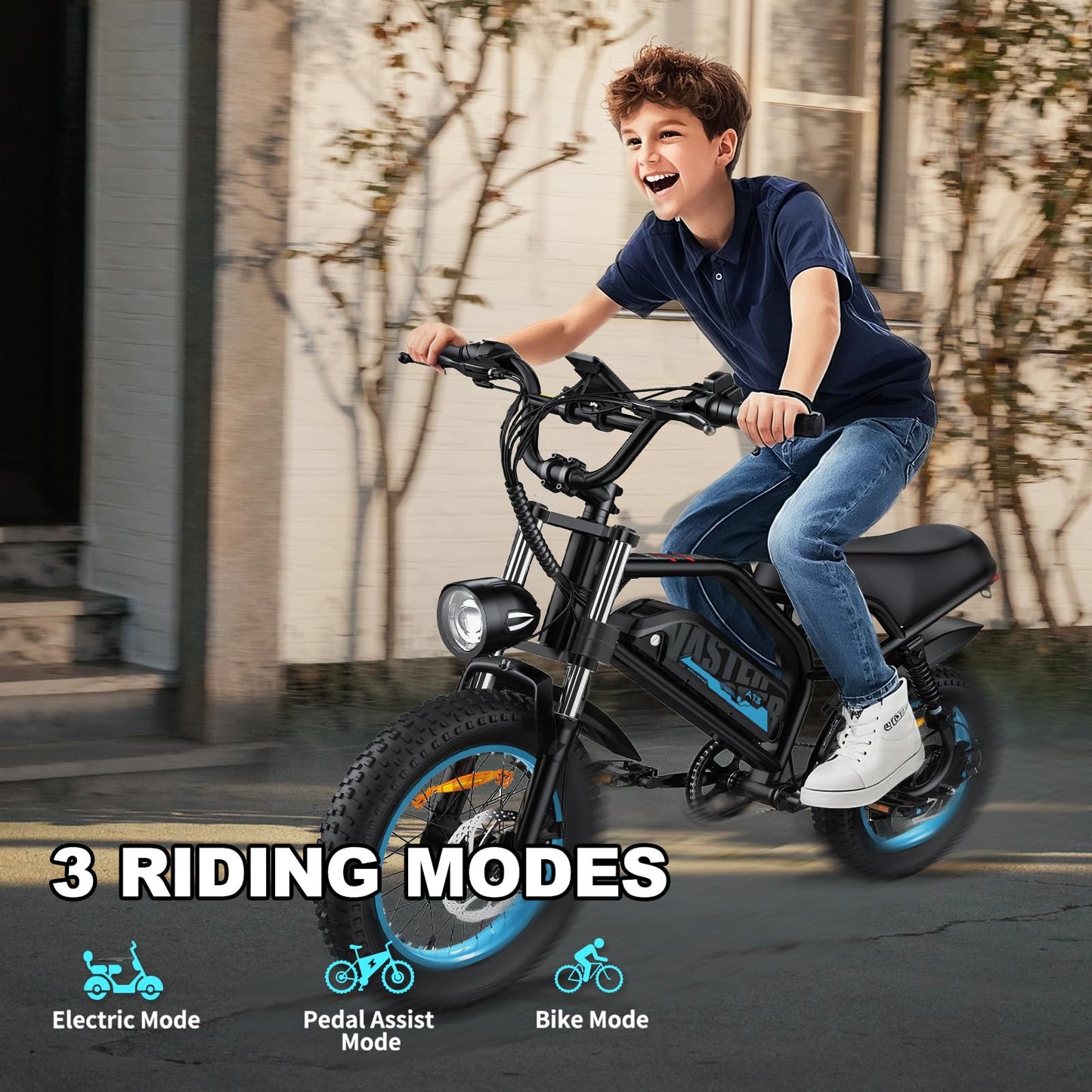 AVDLBIKE Electric Bike, 16'' Fat Tire eBike for Teens/Adults, 500W E-Bike with 36V/12.8Ah Removable Battery, 20 MPH 45 Mile Range Commuting Electric Mountain Bike with Dual Dual Brakes-Blue A13