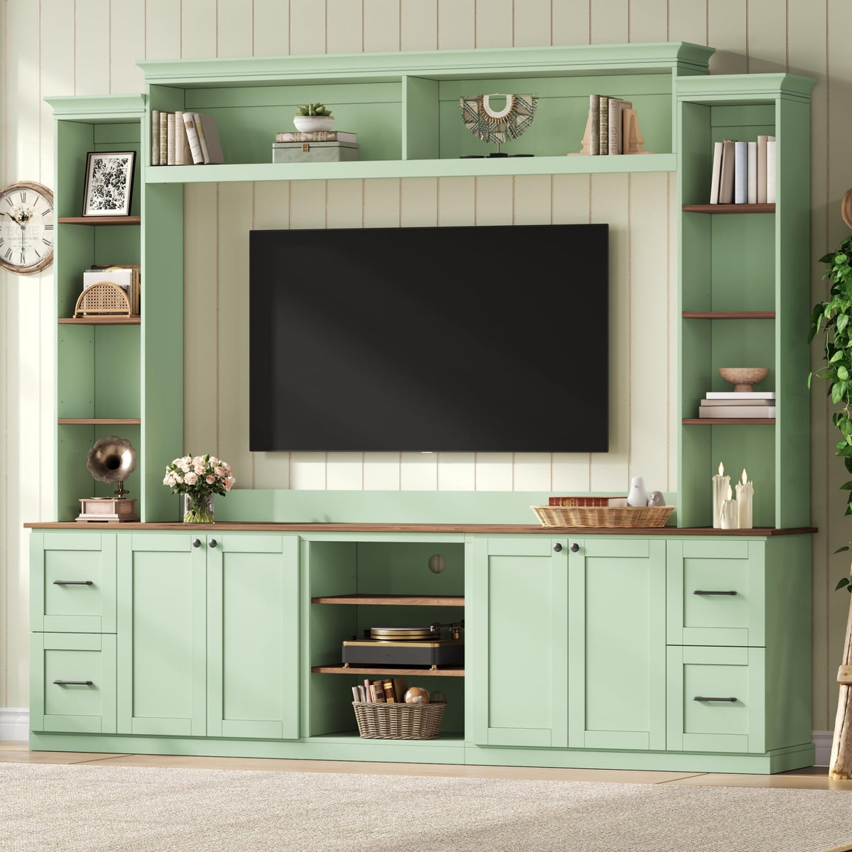 Ball & Cast 94.8" Entertainment Center Wall Unit with Bookshelf for TVs Up to 70",Farmhouse Large TV Stand with Walnut Adjustable Shelves,Retro Media Console with 4 Drawers for Living Room,Mint Green