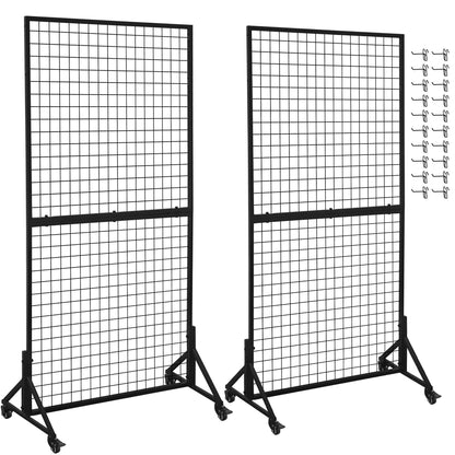 2 Packs 3' x 6' Grid Wall Panels Display Stand with Wheels, Heavy Duty Wire Grid Wall Rack for Retail, Craft Fairs & Art Shows, Mobile Floor Standing Fixture with 20 Hooks, Black