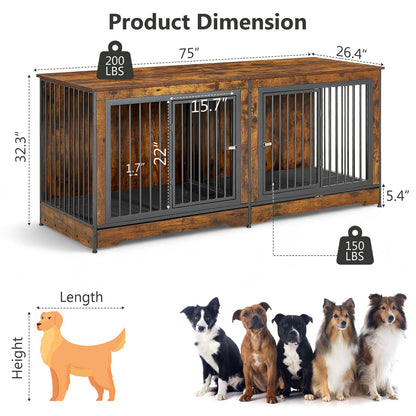 Rovibek 75" Dog Crate Furniture for 2 Dogs, Wooden Extra Large Double Dog Cage Furniture, Decorative Dog Kennels with Double Doors, Indoor Dog Crate TV Stand for Large Dogs, Brown