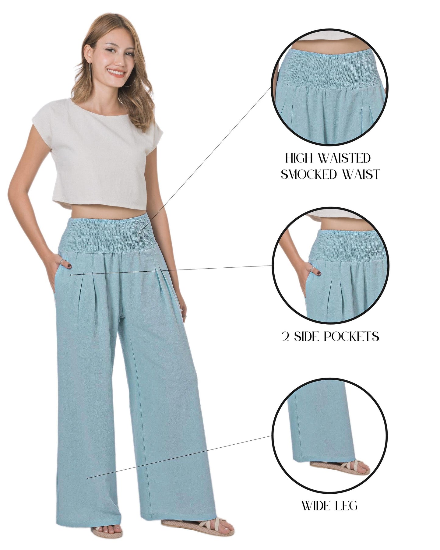 Lofbaz Women Summer Flowy Cotton Linen Palazzo Wide Leg Pants Beach High Waisted Trousers Boho Long Lounge Pant with Pockets