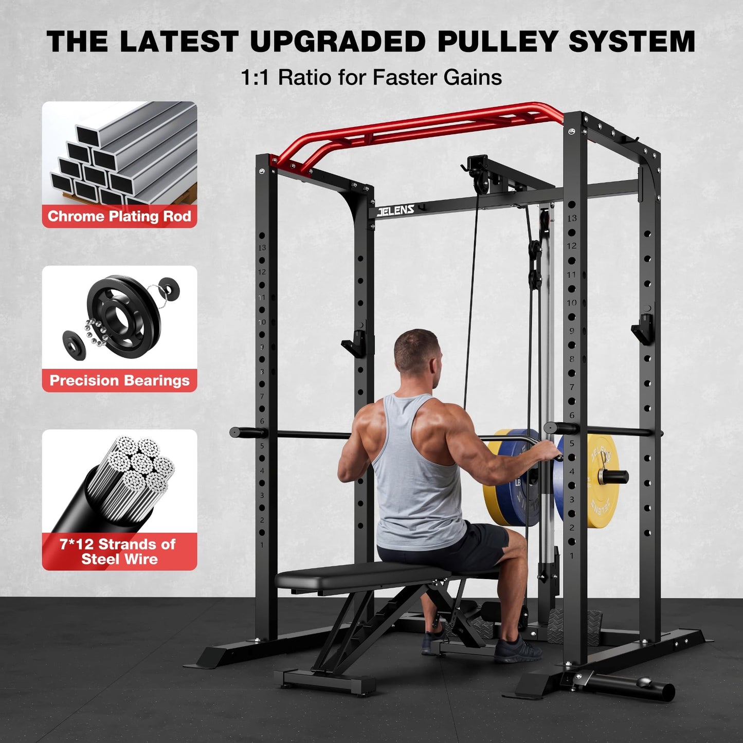 JELENS S11 Power Cage, 2000LB Multi-Function Power Rack with LAT Pulldown, Squat Rack with Adjustable Pulley System and Training Attachments, Weight Rack for Home Gym