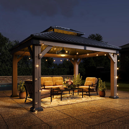 Aoxun 10' x 12' Outdoor Wood Gazebo, Hardtop Gazebo with Galvanized Steel Double Roof, Permanent Wooden Pavilion with Ceiling Fan, for Patio, Garden, Deck, Cedar Wood, Grey