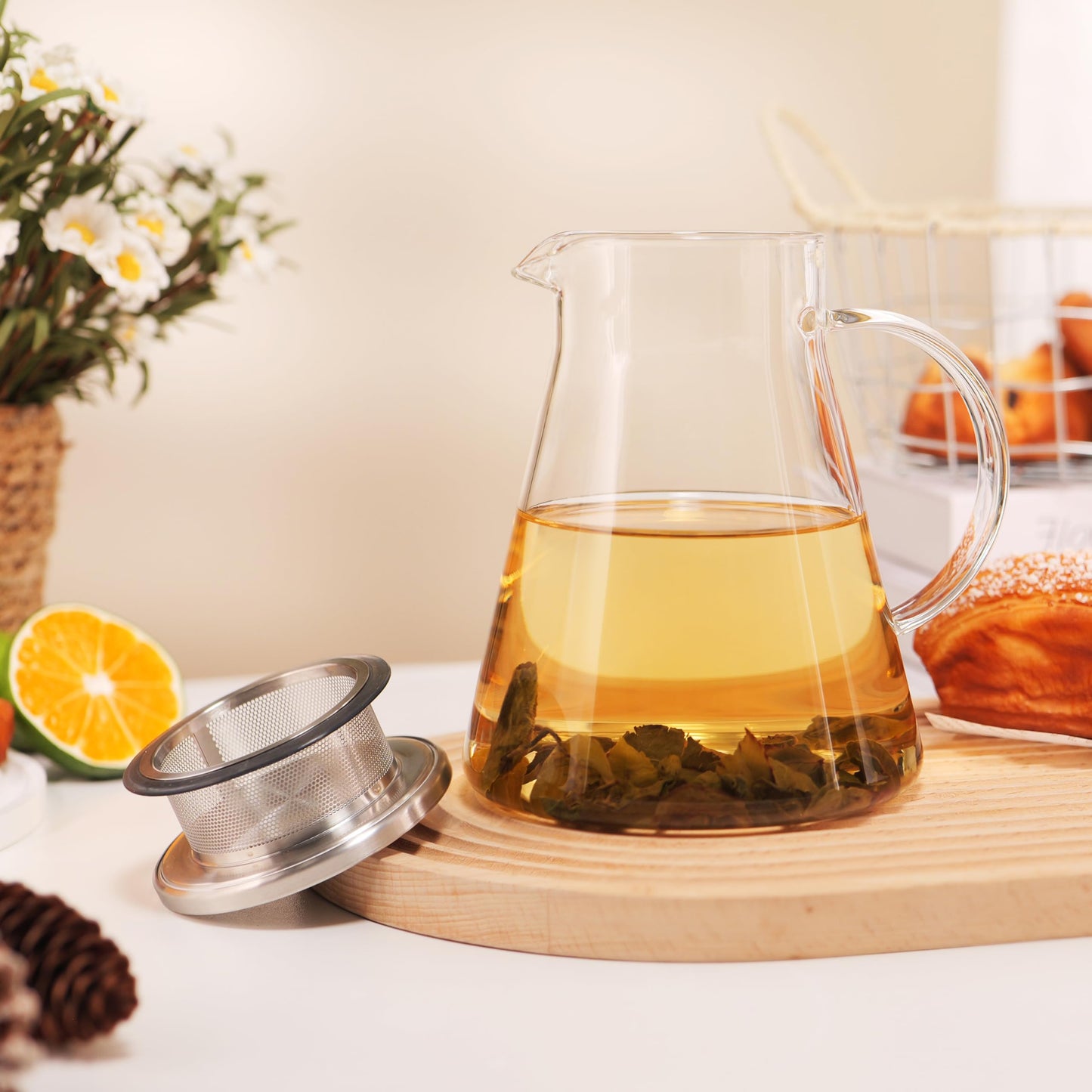 CNGLASS 30.5oz/900ml Glass Teapot Stovetop Safe,One-Touch Clear Tea Kettle,Blooming and Loose Leaf Tea Maker
