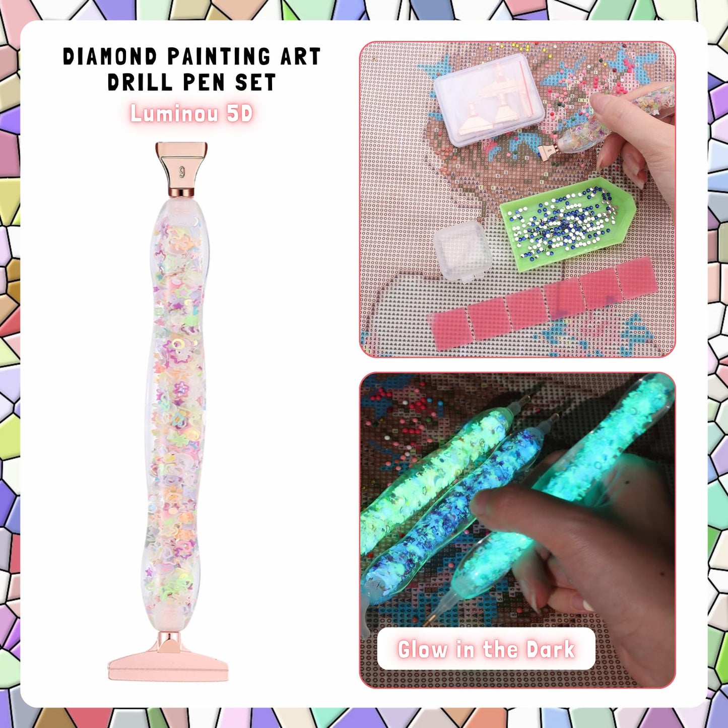 FOVIUPET 20pcs Diamond Painting Art Drill Pen Set, Resin Luminous 5D Point Drill Pen Tools with Metal/Resin Tips, Cross Stitch Diamond Rhinestone Beads Picker DIY Nail Art Embroidery Tools (Pink)