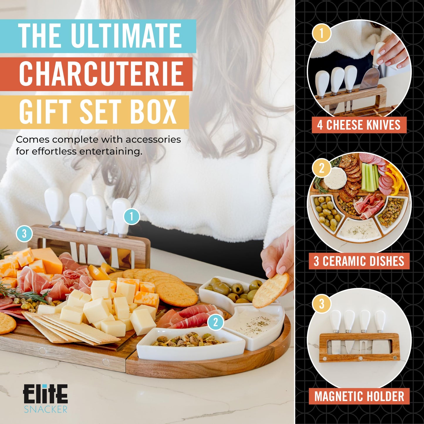 Large Wooden Charcuterie Board Set (Sealed Clear Finish) - 3-Piece Magnetic Long Serving Board Tray with Charcuterie Accessories - Acacia Wood Cheese Platter with Cheese Knife Set & Dishes - Brown
