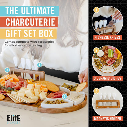 Large Wooden Charcuterie Board Set (Sealed Clear Finish) - 3-Piece Magnetic Long Serving Board Tray with Charcuterie Accessories - Acacia Wood Cheese Platter with Cheese Knife Set & Dishes - Brown