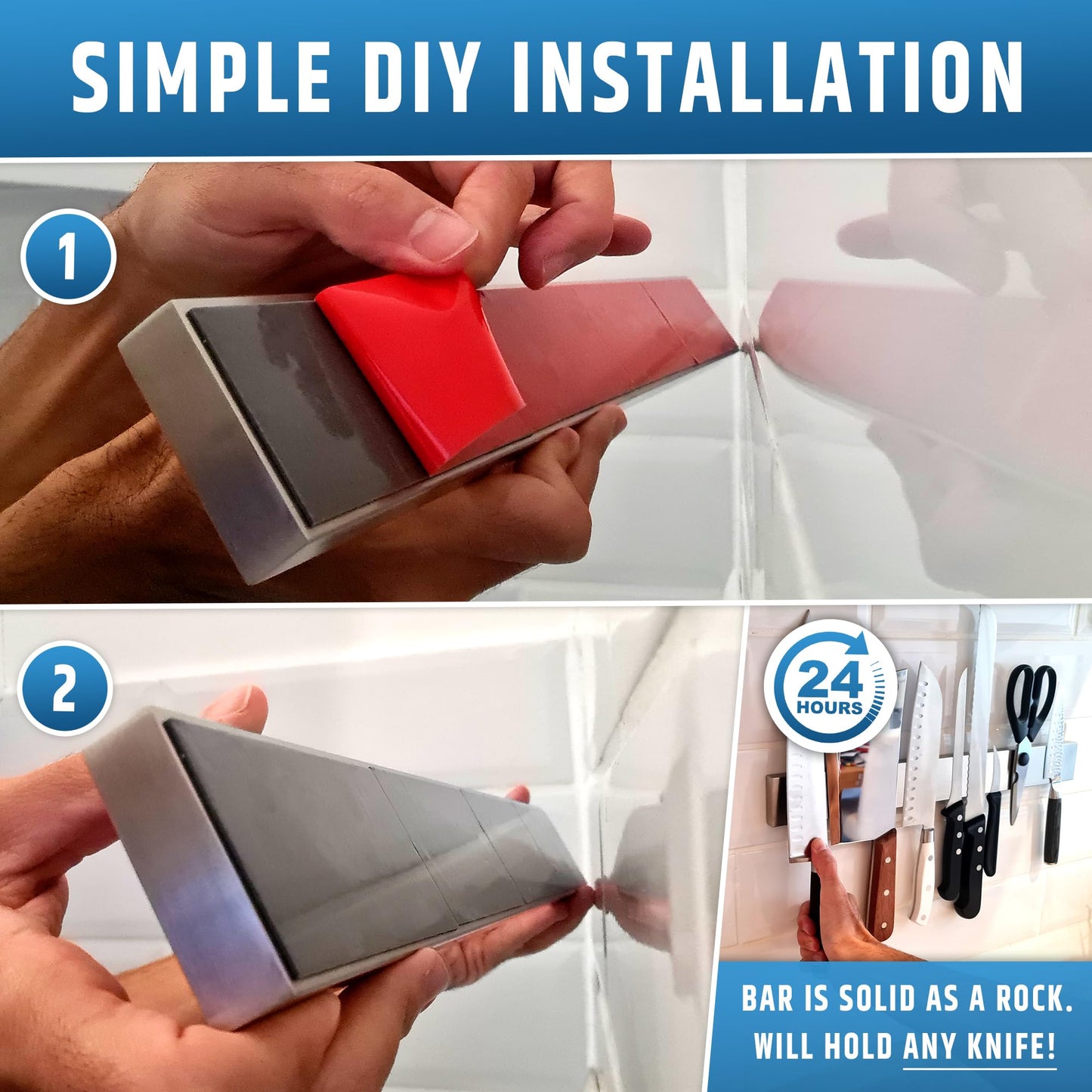 17" Strong Adhesive (No Drill) Magnetic Knife Holder for Wall - Professional Knife Strip - No Screws Needed - Adhesive Backing - Stainless Steel Knife Bar (Upgraded Version – Will Not Fall)