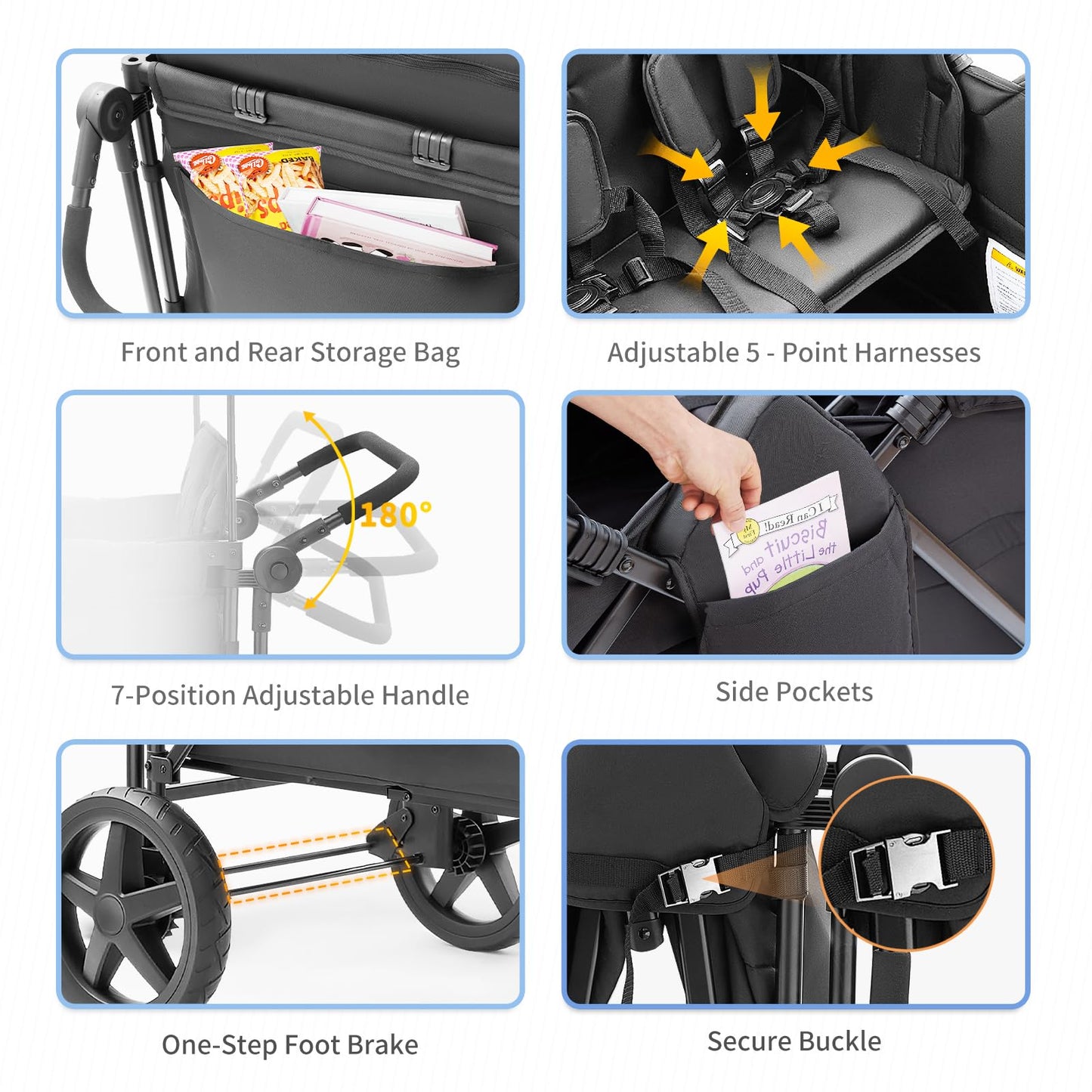 Stroller Wagon for 4 Kids, 4 Seater Wagon Stroller Featuring 4 High Seat with 5-Point Harnesses and Adjustable Canopy, Foldable Double Push Bar Wagon Stroller 4 Seater for Garden, Camping (Black)