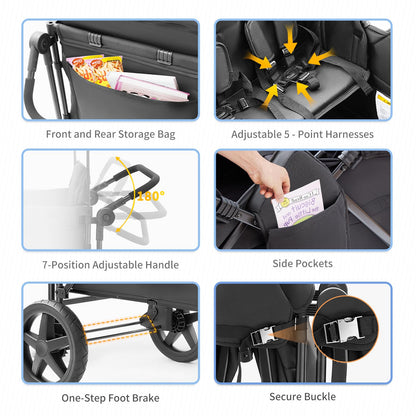 Stroller Wagon for 4 Kids, 4 Seater Wagon Stroller Featuring 4 High Seat with 5-Point Harnesses and Adjustable Canopy, Foldable Double Push Bar Wagon Stroller 4 Seater for Garden, Camping (Black)