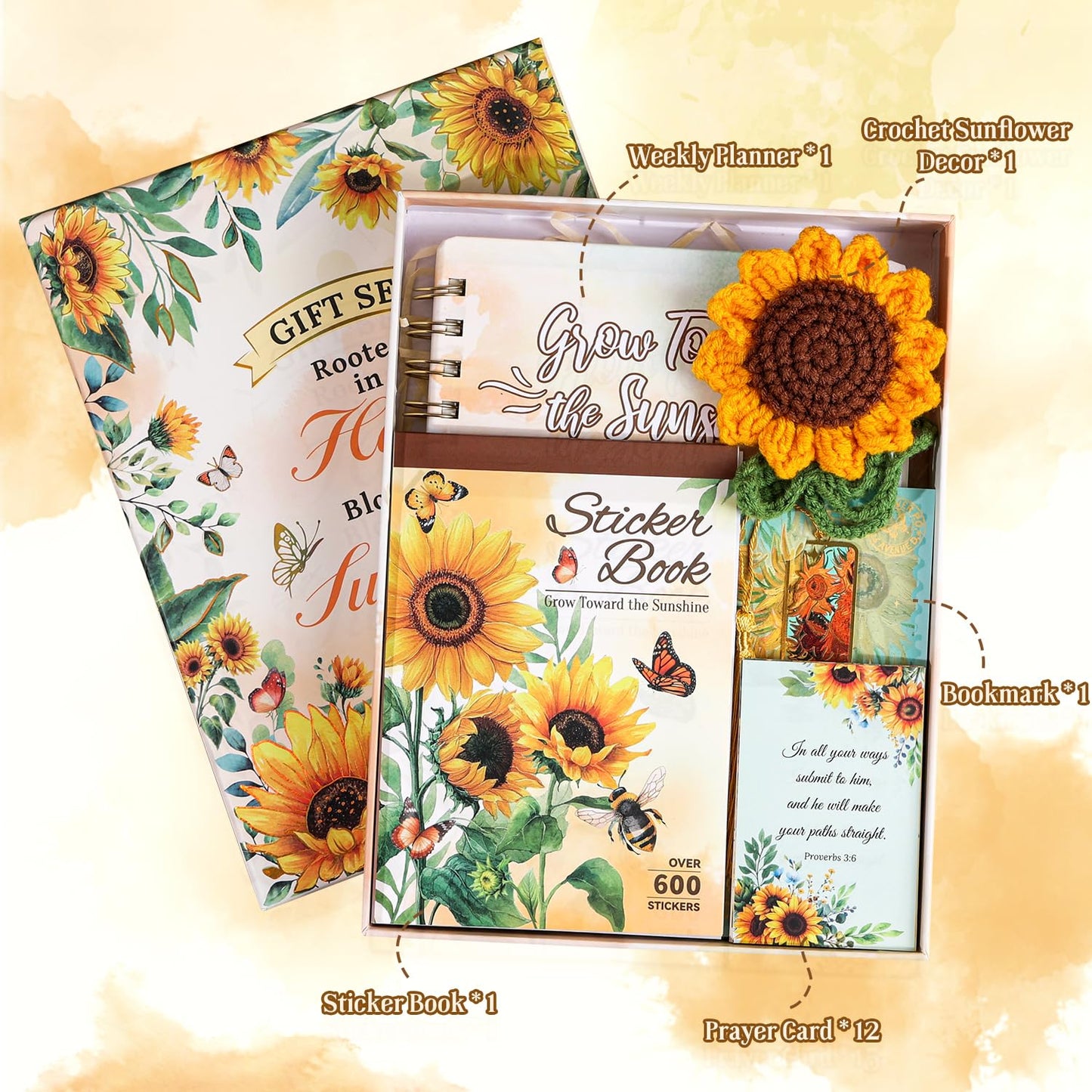 Sunflower Planner Gift Set for Women - 1 Sticker Book of 600+ Stickers, 1 Weekly Planner, 1 Crochet Keychain, 1 Metal Bookmark, 12 Prayer Cards, Gift for Women Men Teens Christian Birthday Mothers Day