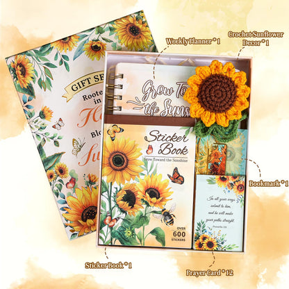 Sunflower Planner Gift Set for Women - 1 Sticker Book of 600+ Stickers, 1 Weekly Planner, 1 Crochet Keychain, 1 Metal Bookmark, 12 Prayer Cards, Gift for Women Men Teens Christian Birthday Mothers Day