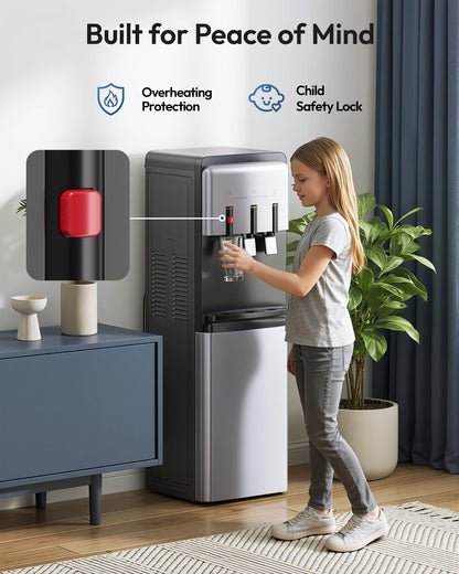 Euhomy Bottleless Water Cooler Water Dispenser, 3 Temperature Settings Hot Cold & Room Water, NSF Certified Dual Filters, Self Cleaning Water Dispenser, Child Safety Lock, LED Indicator, Black