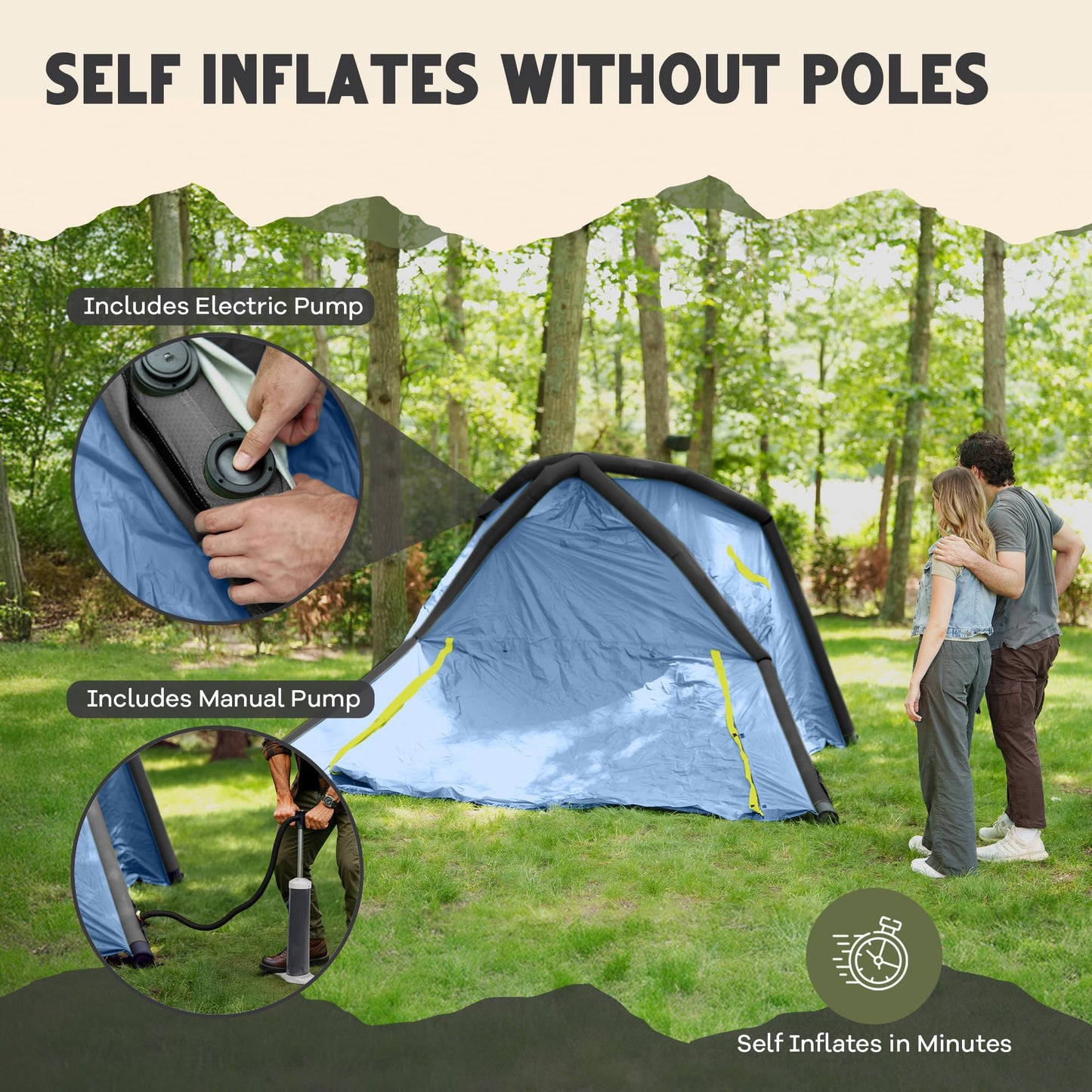 Oaktiv Inflatable Tents for Camping - CloudCamp Glamping Tent for 6 People Waterproof Oxford Fabric(210D), Quick Setup Air Tent with Manual & Battery Pump, UV Protection, 4-Season Inflatable Tent