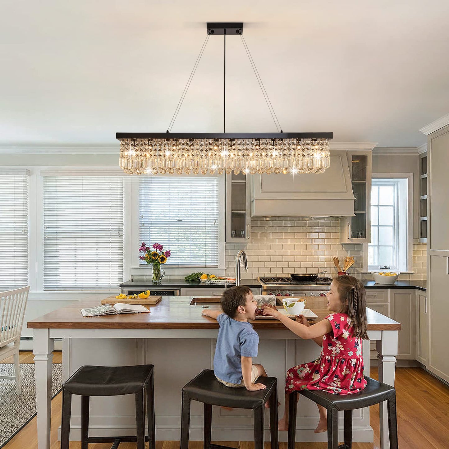7PM Rectangle K9 Crystal Chandelier Modern Rectangular Pendant Lighting Fixture for Dining Room Kitchen Island Bedroom Black L47'' x W10'' x H10''