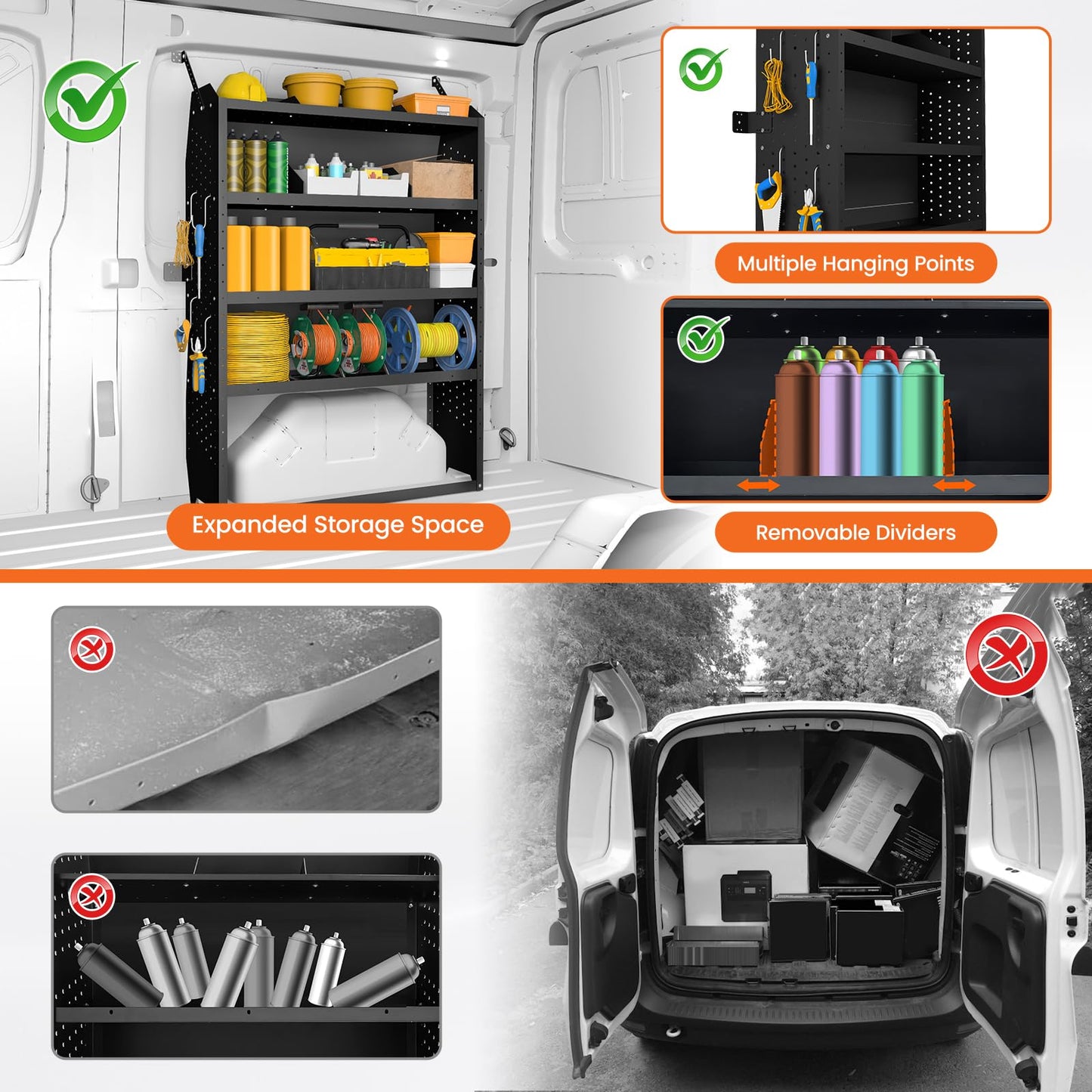 EONECROSS Cargo Van Shelving 4 Tier 52" W x 60" H x 13" D, Heavy Duty Steel Work Van Storage System for Ford Transit, Promaster, Sprinter, Chevy Express, Tool Organizer for Electricians, Contractors