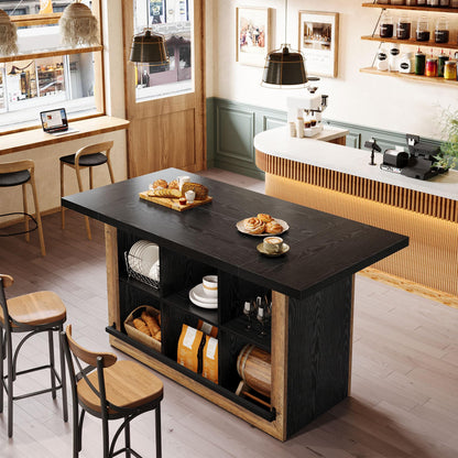 Tribesigns Bar Table with Storage, 62.6" Rectangular Home Bar Cabinet Unit with 6 Spacious Cubbies and Metal Footrests, Large Counter Height Pub Table for Home Kitchen, Dining Room, Brown & Black