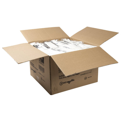 AmerCareRoyal 5-in-1 Disposable Silverware Heavy Duty Plastic Utensil Set with Fork, Knife, Salt & Pepper Packets, 13x17 inch 2-ply Napkin - Individually Wrapped Cutlery Meal Kit, Black, Case of 500
