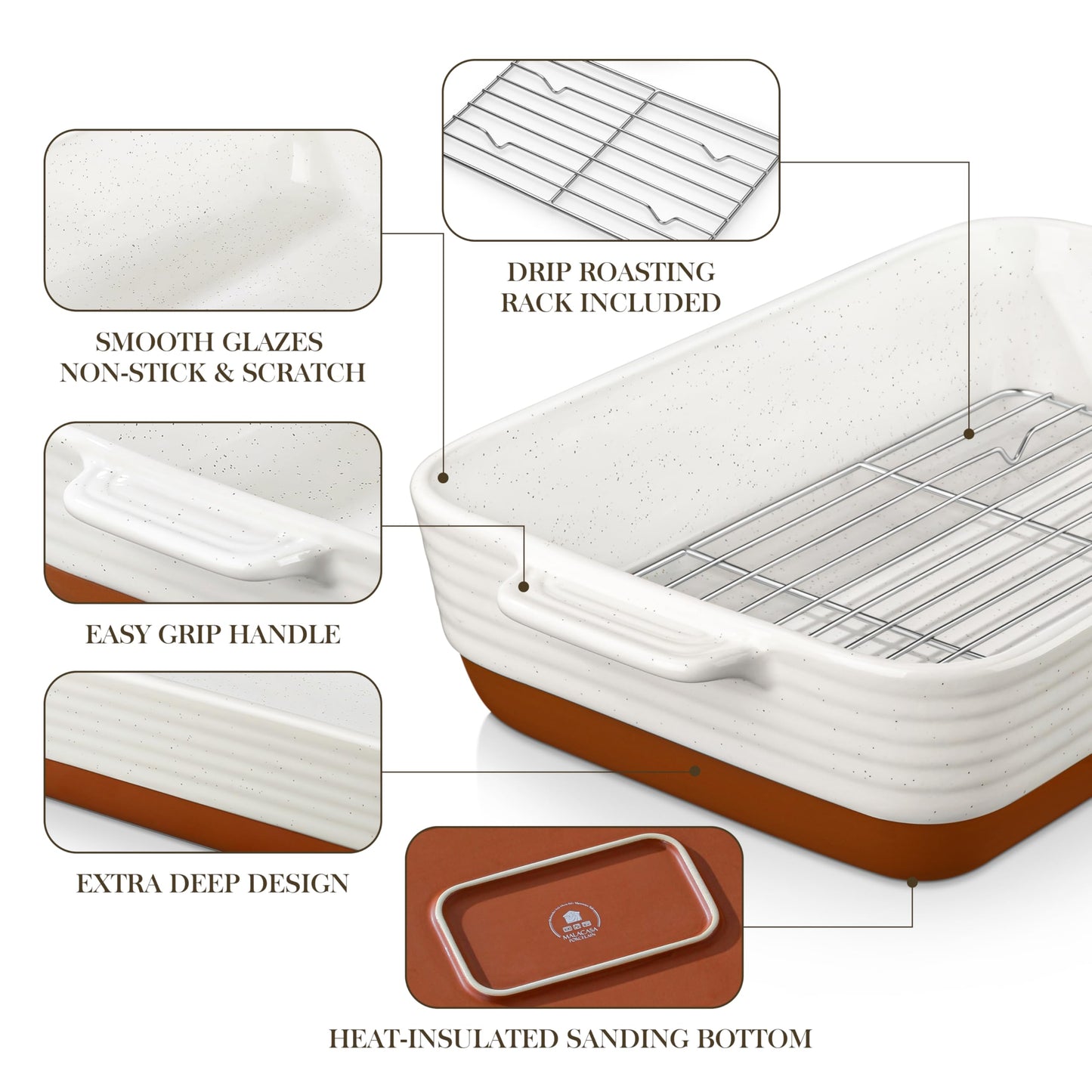 MALACASA Baking Dish with Rack, 4.8 Qt Ceramic Roasting Pan with Stainless Steel Drip Rack, 9x13 Inch Deep Casserole Dish with Handles, Oven Safe Lasagna Pan for Baking & Serving (Khaki & White) - Series Tara