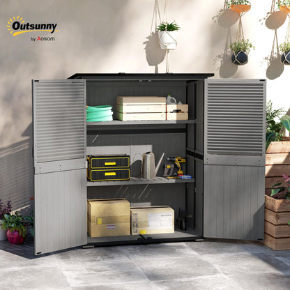 Outsunny Outdoor Storage Cabinet, Wood Garden Tool Shed with Lock, Steel Frame and Asphalt Roof, Garden Storage Shed with Adjustable Shelves and Feet for Patio Backyard Lawn, Gray
