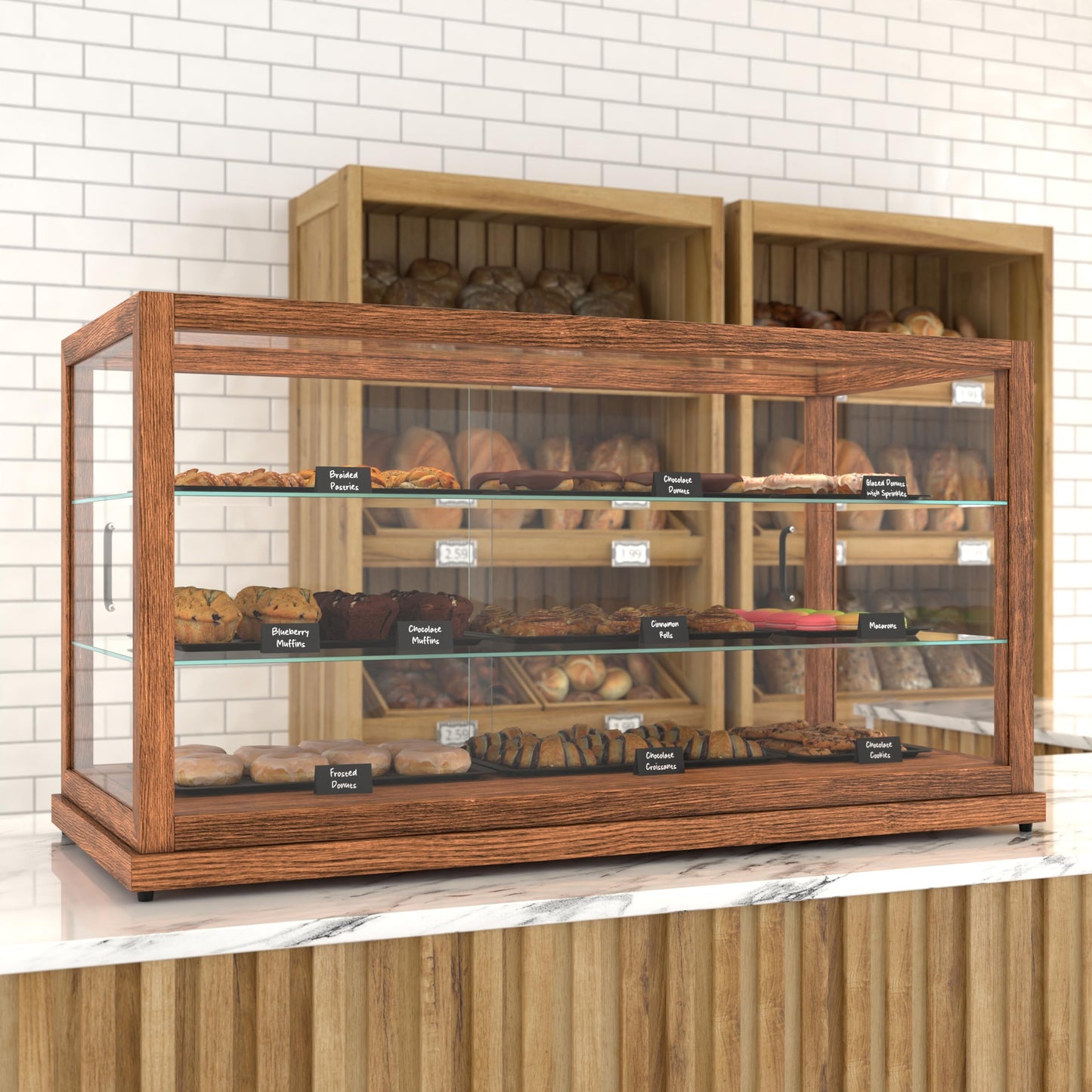 KoolMore 44 in. Horizontal Dark Wood Countertop Dry Bakery Display Case, Large Bread, Pastry and Dessert Display with Tempered Glass