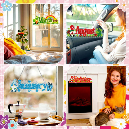 BreezeHug 12 Pcs Seasonal Diamond Art Wreath Kits Holiday 5d DIY Diamond Painting Signs Month Germ Hanging Art Ornaments Crystal Rhinestone Suncatcher for Wall Door Decorations(Gnomes)