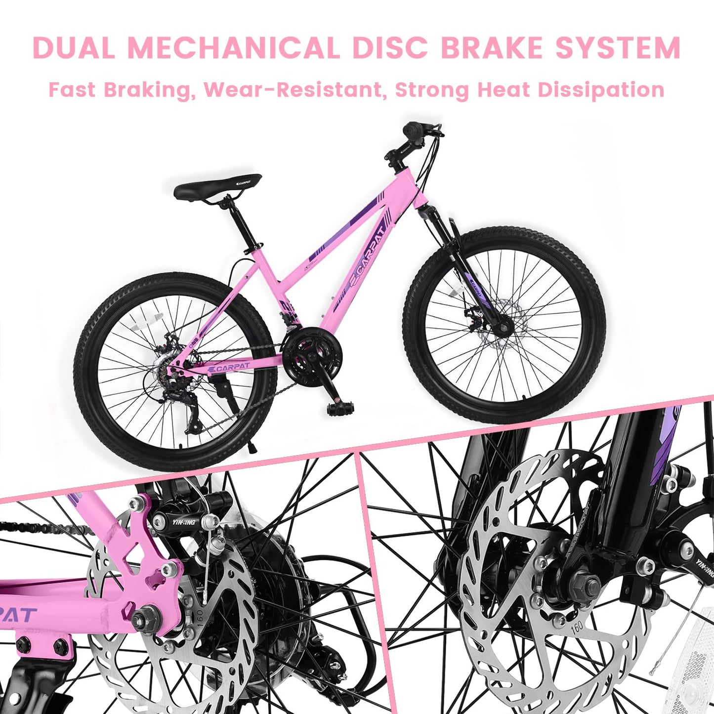 Ecarpat Women's Mountain Bike 24 Inch Wheels, 21-Speed Trail Commuter City Mountain Bikes, 15" Carbon Steel Frame Female Bicycles Disc Brakes Front Fork, Pink