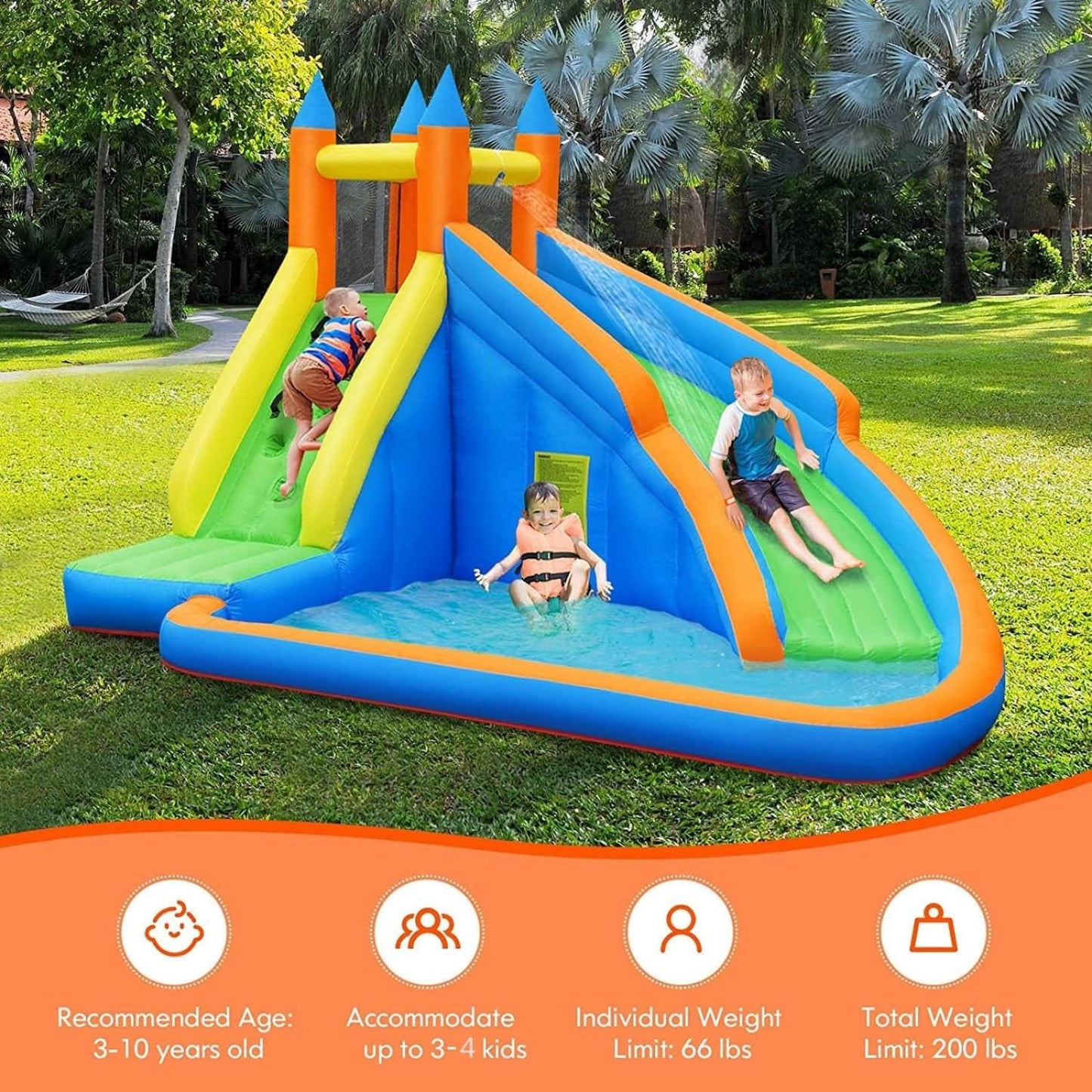 Costzon Inflatable Water Slide, Giant Bouncy Waterslide Park for Kids Backyard Outdoor Fun w/ 950w Blower, Climbing, Splash Pool, 2-pcs, Blow up Water Slides Inflatables for Kids Party Gift
