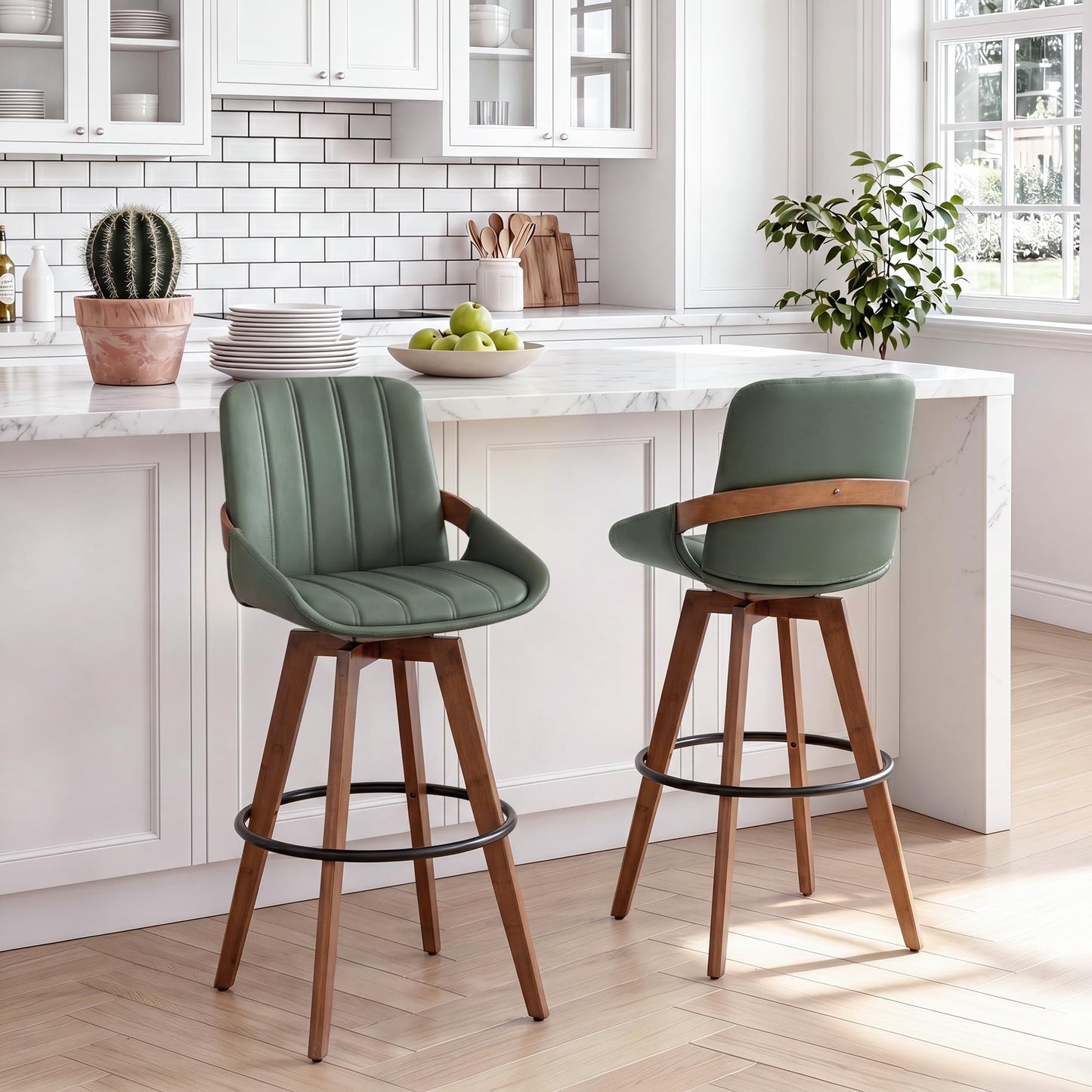AQG Green Bar Stools 30 Inch Set of 2 Leather Bar Height Stools with Backs, Mid Century Modern Swivel Bar Chairs, Upholstered Barstools Wood Frame for Kitchen Island