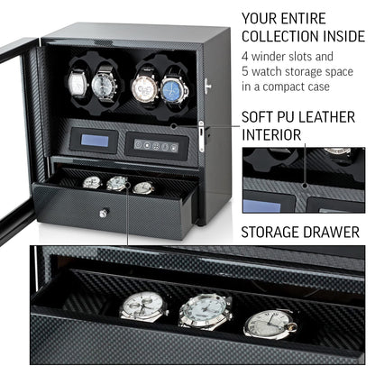 4 Watch Winder with 5 Watch Storage Space, LCD Display, Touch Control and Interior Light (Carbon + Black)