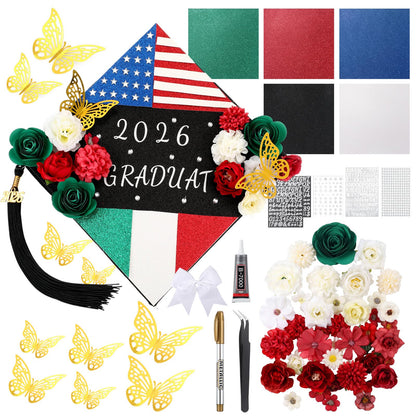 WinnerWhy 51Pcs DIY Mexican American Flag Graduation Cap Decorations 2026 Handmade Mexican American Grad Hat kit Included Faux Flower Heads Letter 3D Butterfly Stickers for Craft Graduation Cap Topper