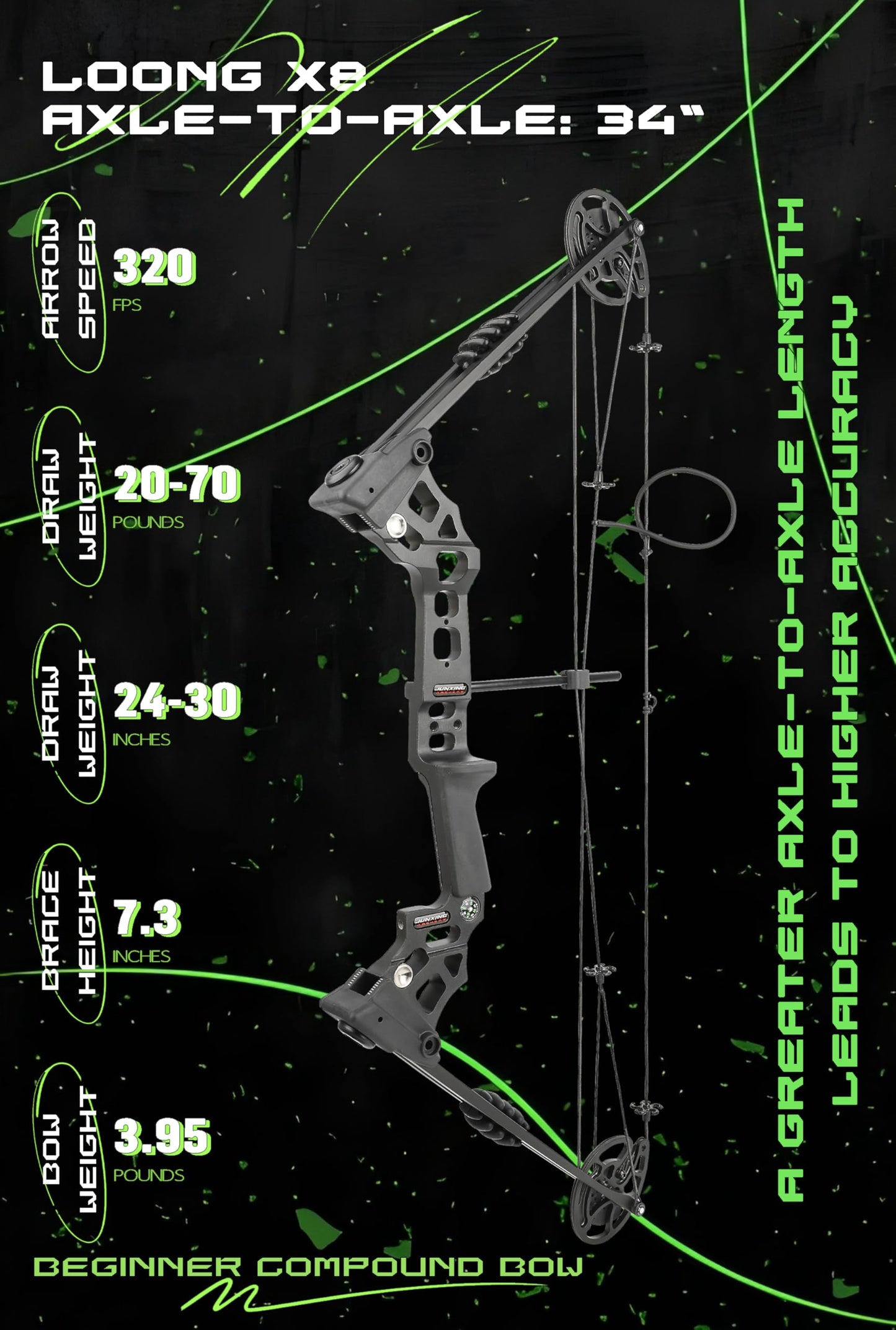Compound Bow Kit, Hunting & Targeting, Gordon's Limb Made in USA, Draw Weight 20-70 lbs Adjustable, Draw Length 24”-29.5",up to IBO 320FPS Speed, Package with Archery Hunting (Black, Right Hand)
