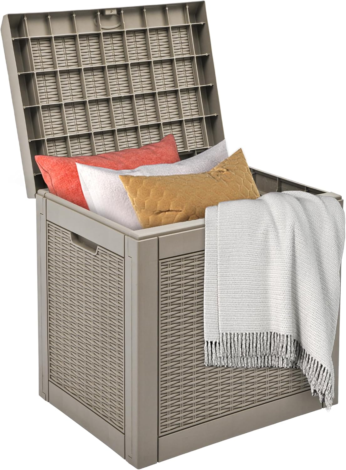 32 DWVO Gallon Indoor Outdoor Storage Box, Resin Rattan Small Deck Box for Patio Furniture, Cushions, Garden Tools