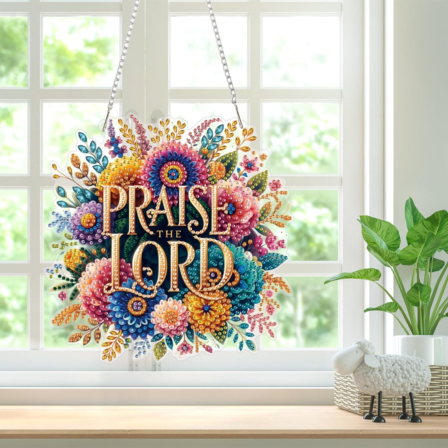 Bowetile Praise The Lord Diamond Art Hanging Kits for Adults, Diamond Art Suncatchers Easter, 5D Special Shape Diamond Painting Pendant Window Ornament Gifts for Home Wall Garden Decor