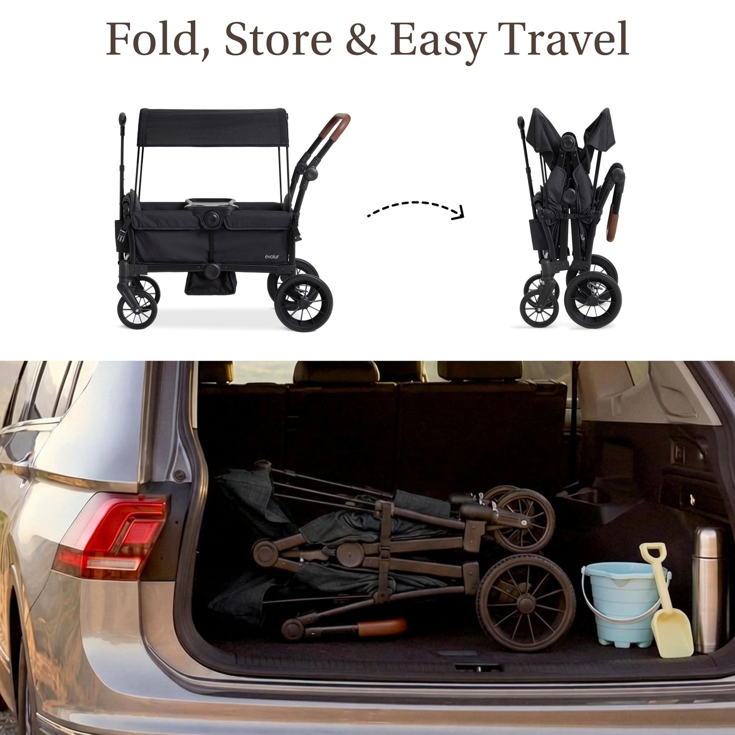 Evolur Trailblazer Wagon Double Stroller in Black, Foldable Infant and Toddler Stroller Wagon, 5-Point Harness, Removable Canopy, All-Terrain Wheels, Spacious Storage for 2 Kids