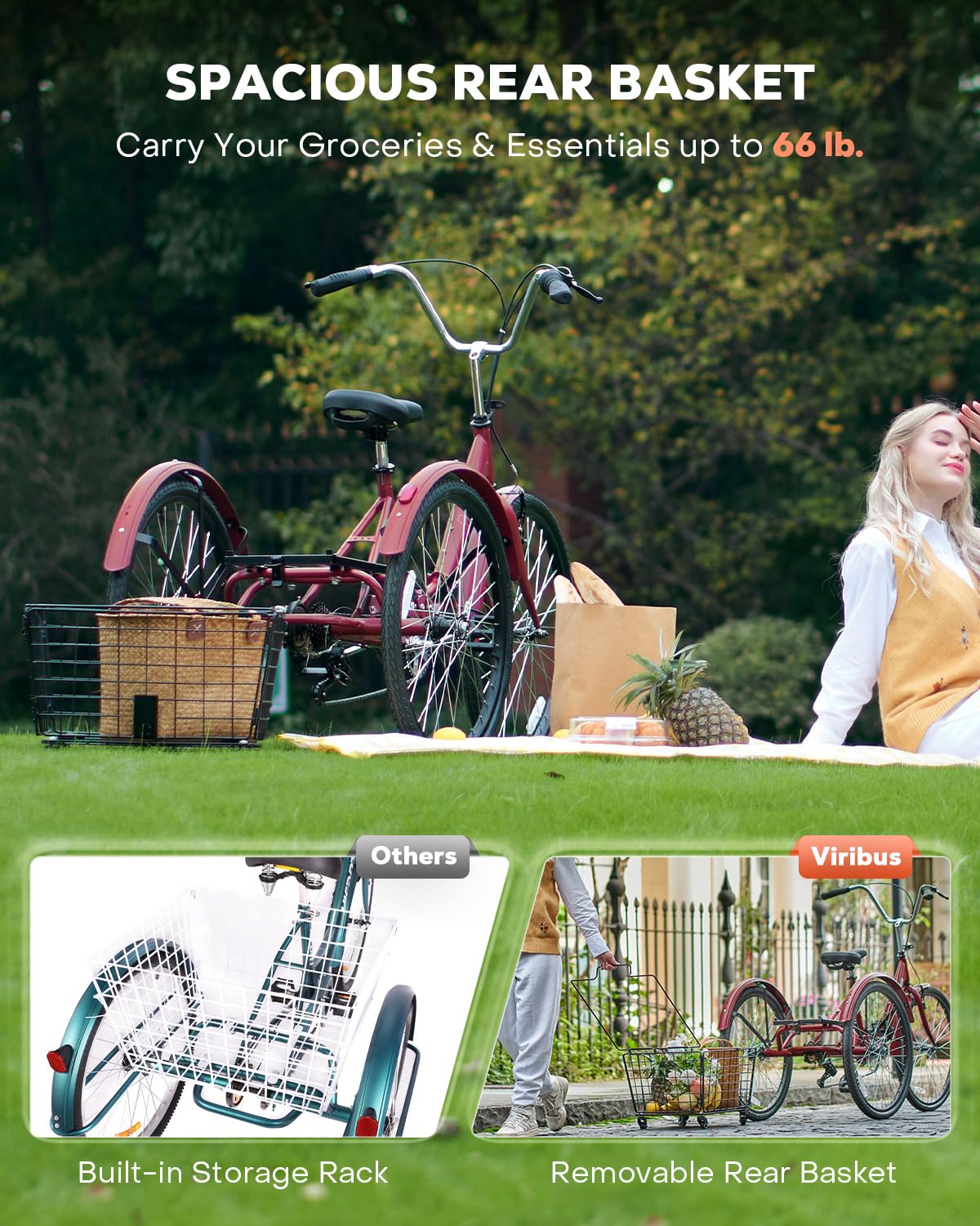 VIRIBUS Folding Tricycle for Adults, 7 Speed Folding Adult Tricycle with Detachable Wheeled Basket, Foldable 3 Wheel Bikes for Adults Women Female Seniors, Collapsible Trike, 24 inch Red, 330 lb.